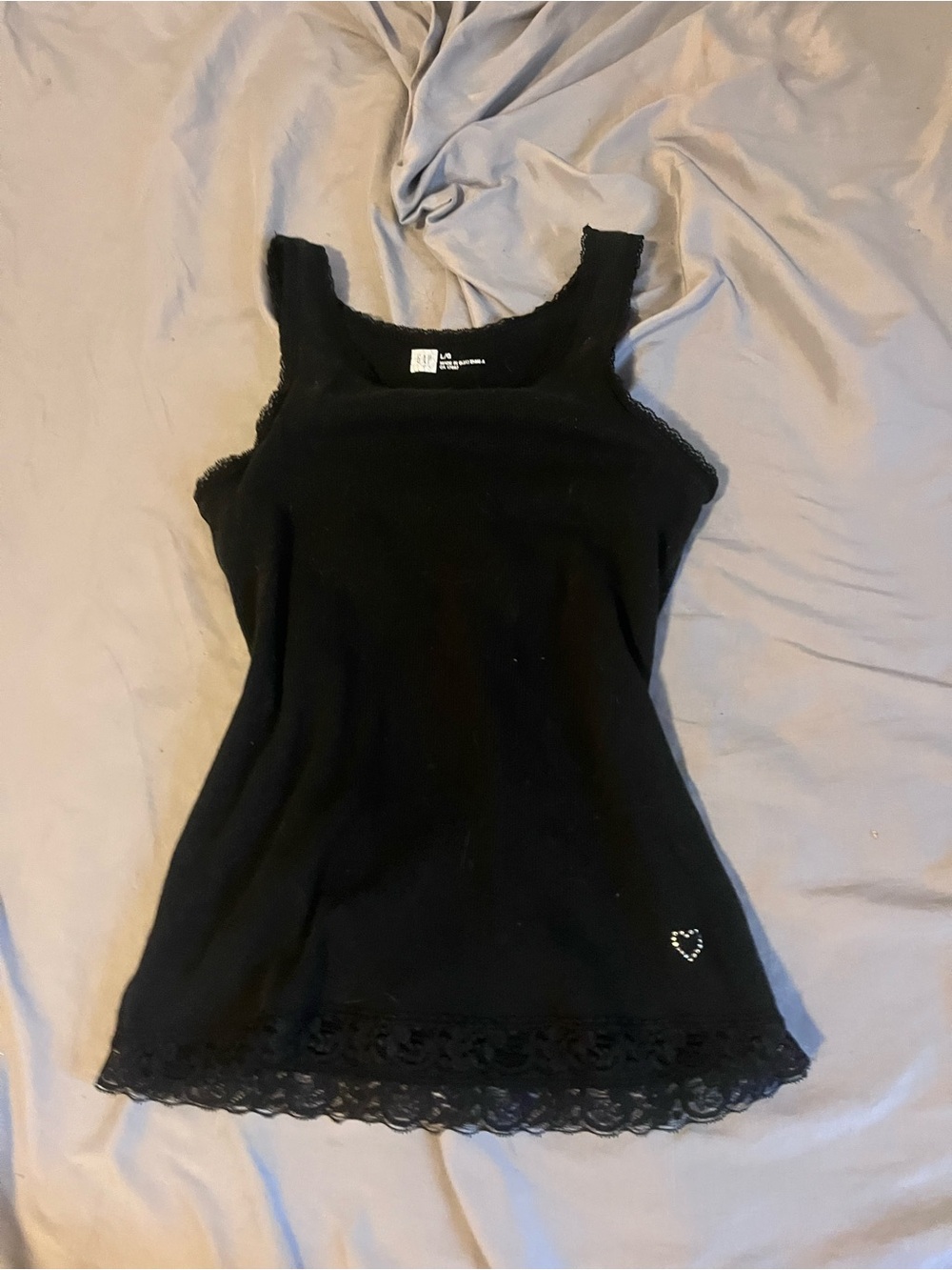 Black Lace-Trim Tank Top with Heart Accent